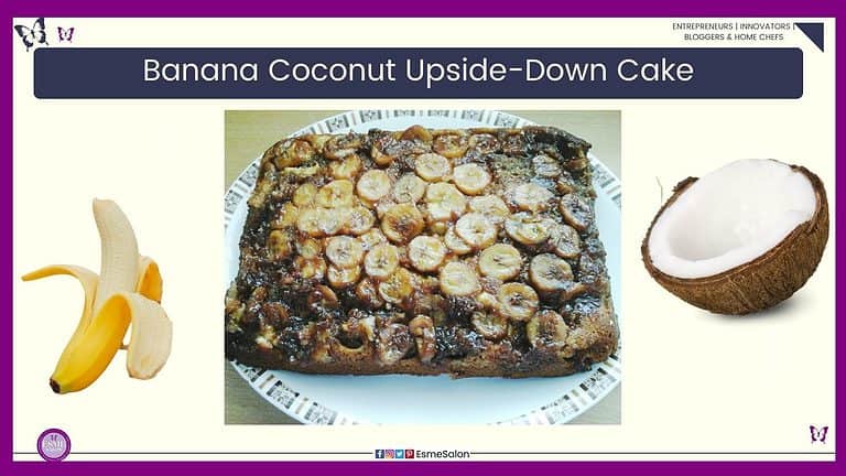 an image of an oblong Banana Coconut Upside-Down Cake with banana slices on the top