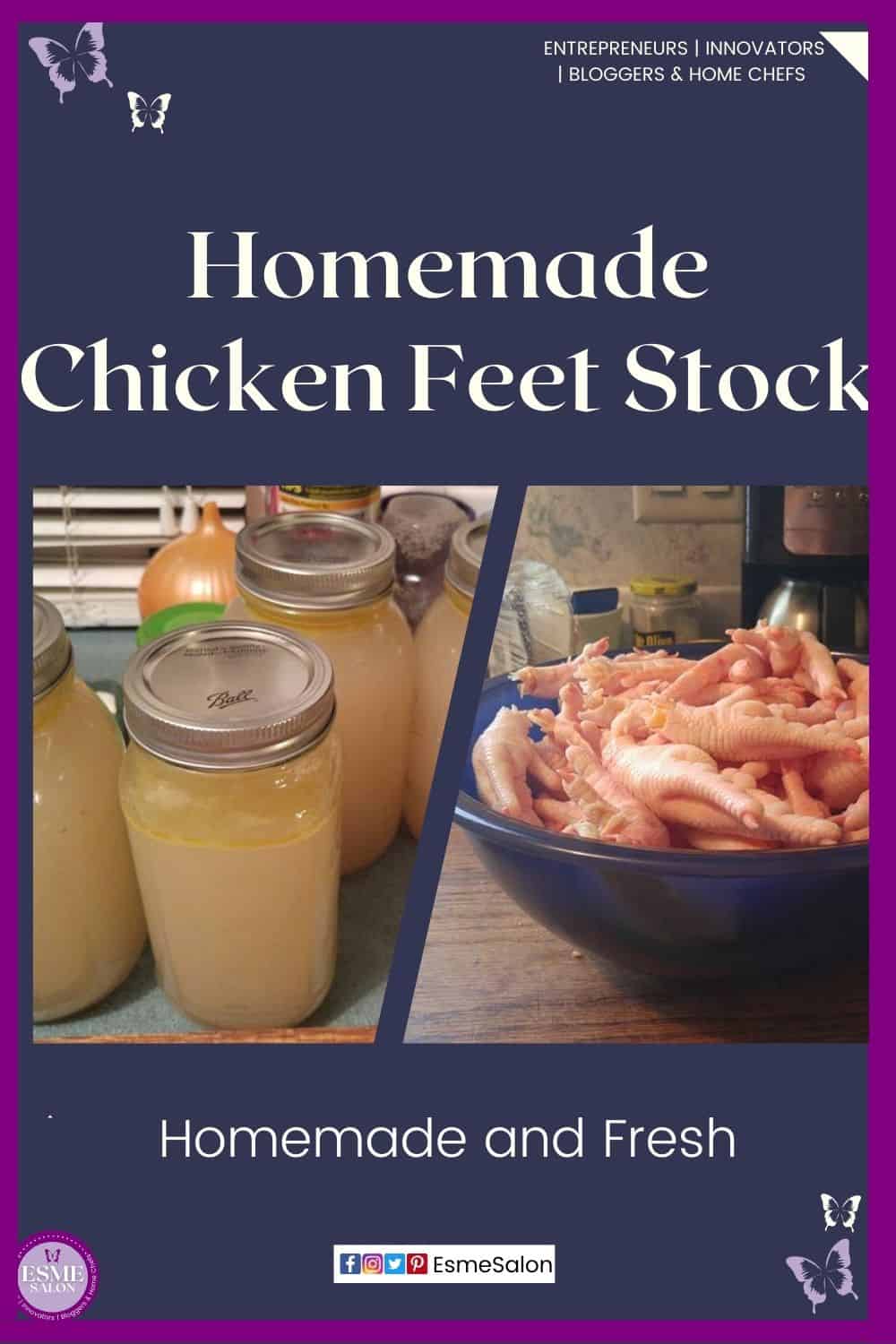 an image of fresh chicken feet and bottled Homemade Chicken Feet Stock