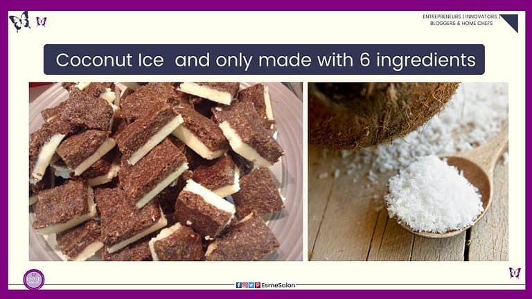 Brown and white Coconut Ice squares on a wooden board