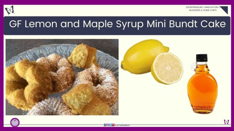 an image of a glass cake stand with Gluten Free Lemon and Maple Syrup Mini Bundt Cake some dusted with confectioners sugar