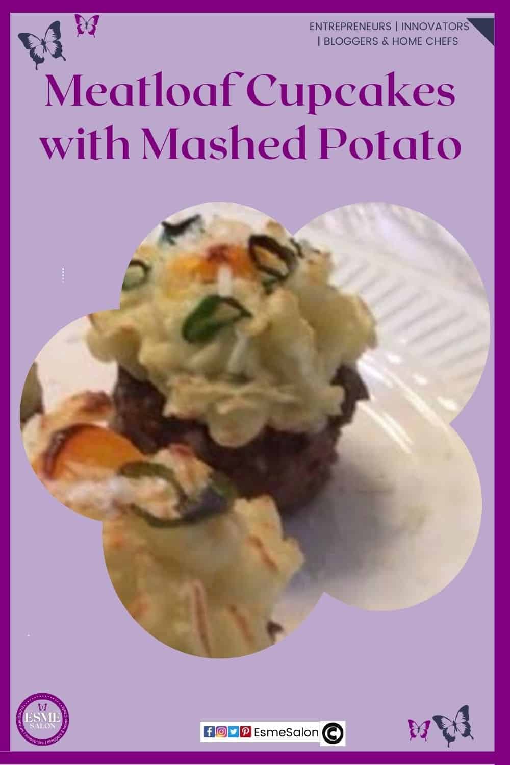 an image of a single Meatloaf Cupcakes topped with Mashed Potato and fresh dill