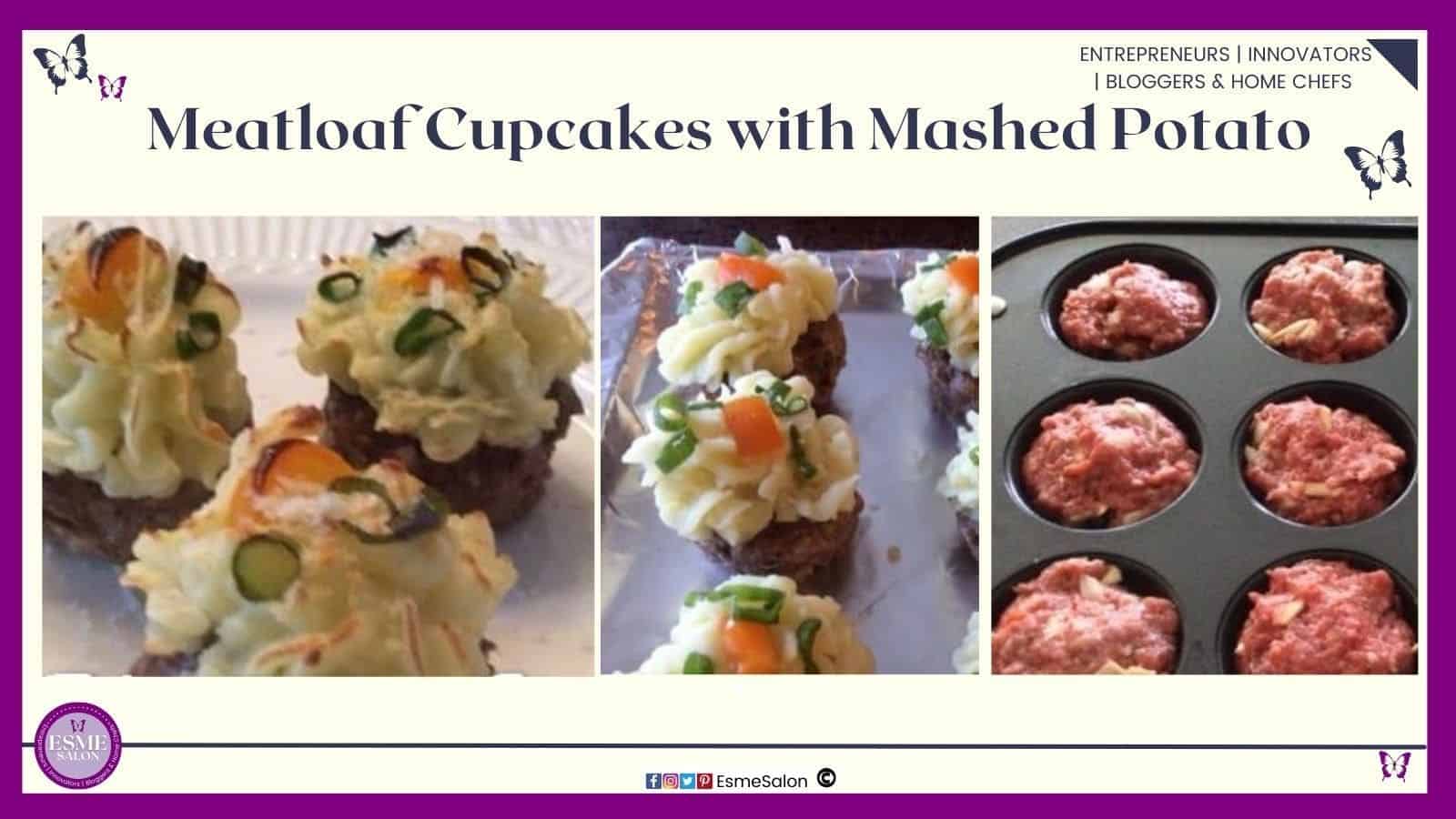 an image of a single Meatloaf Cupcakes topped with Mashed Potato and fresh dill as well as 12 raw in a cupcake pan ready to be baked