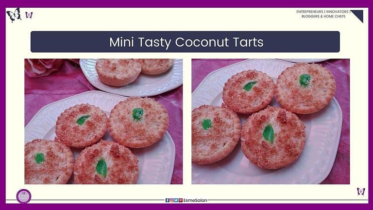 an image of small single serving Coconut Tarts filled with jam and topped with coconut and a sliver of red or green cherry