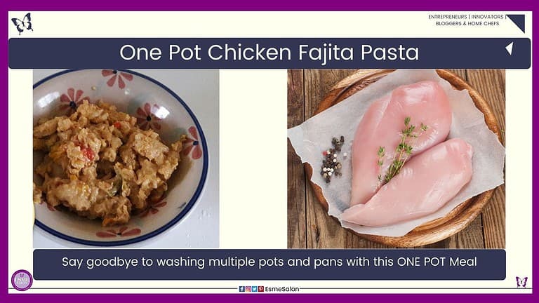 an image of a One Pot Chicken Fajita meal in a white enamel dish with a black line around the edge