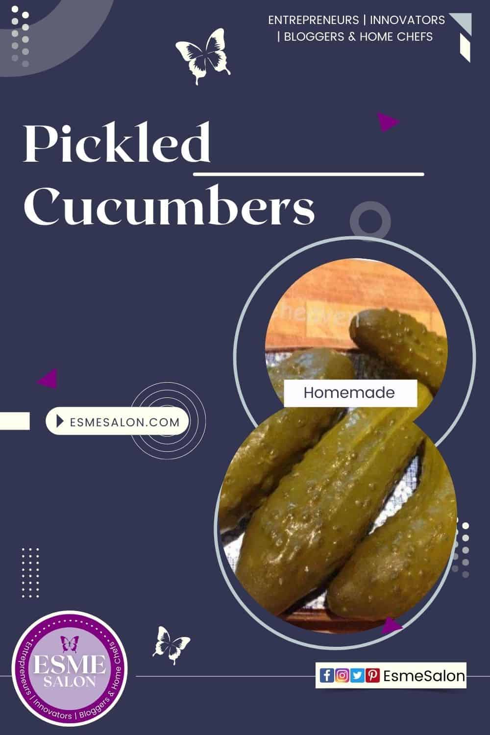 A wooden board with 8 homemade pickled cucumbers