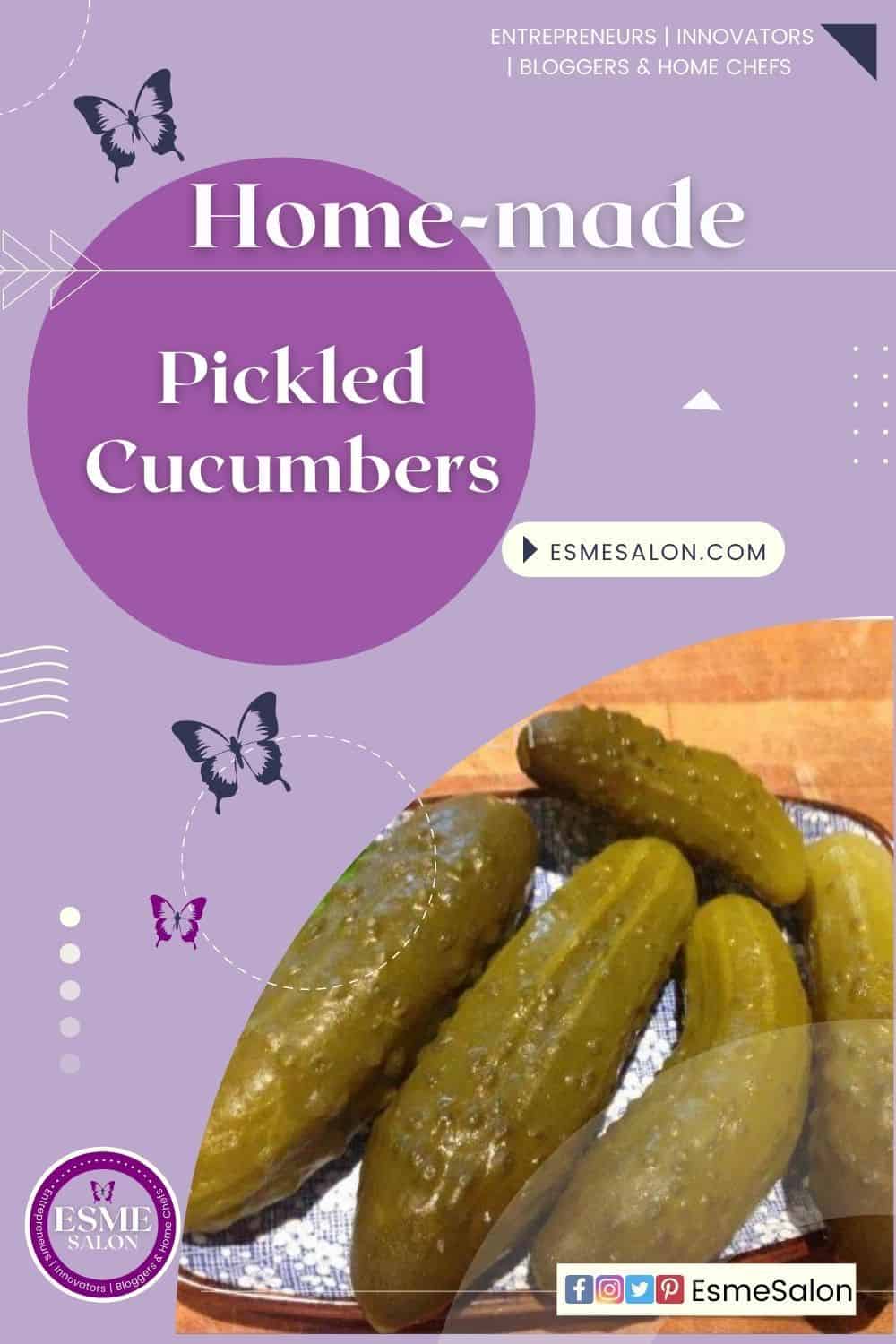 A wooden board with 8 homemade pickled cucumbers