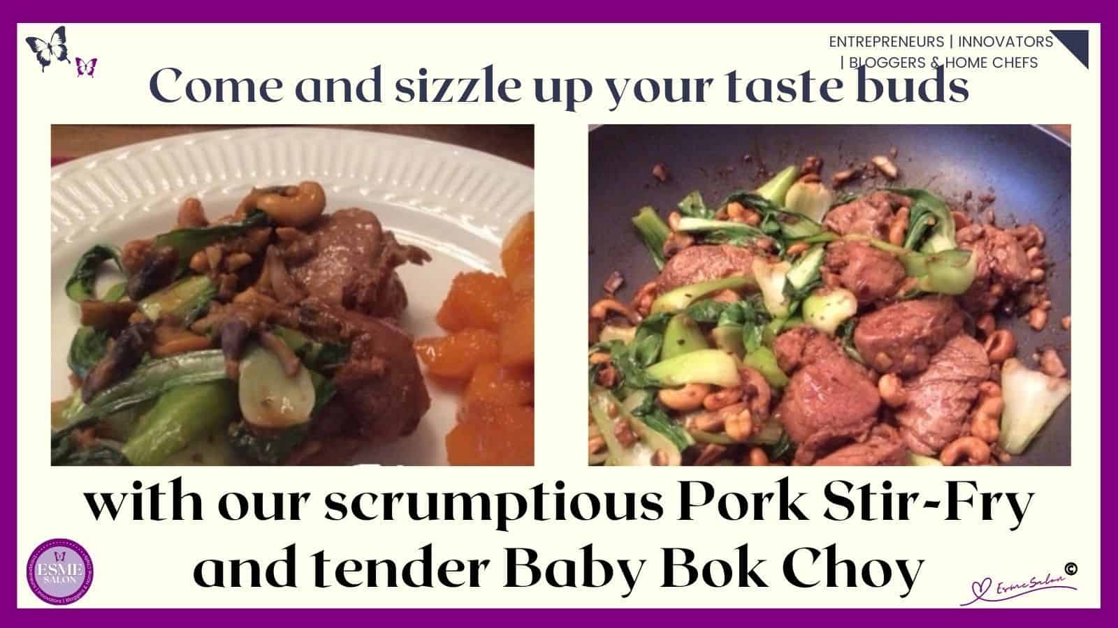 an image of a white plate with tender pork and crunchy baby bok choy with a side of glazed butternut