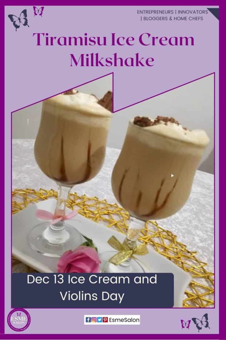 an image of 2 long stem glasses filled with Tiramisu Ice Cream Milkshake