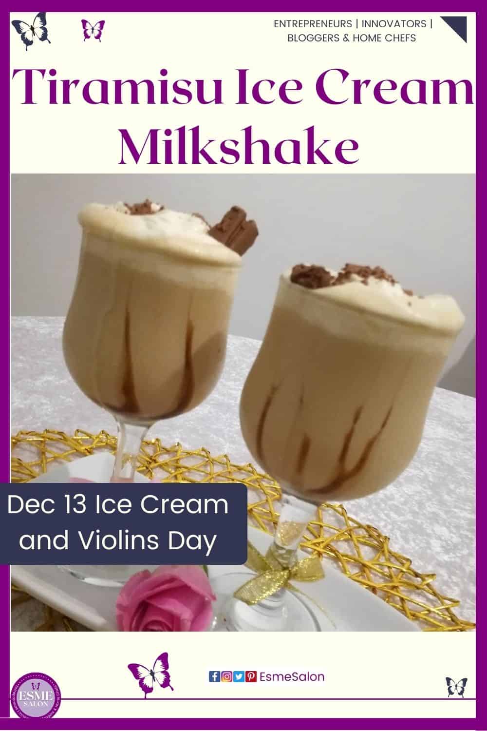 an image of 2 long stem glasses filled with Tiramisu Ice Cream Milkshake