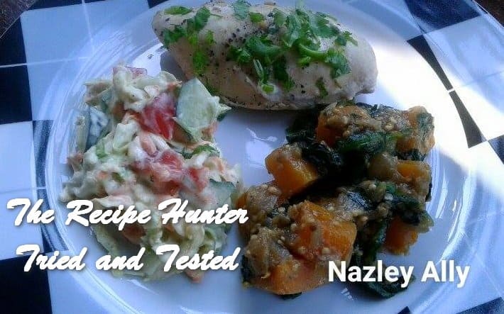 TRH Nazley's Steamed chicken, Braised spinach, Butternut and Aubergine with Coleslaw