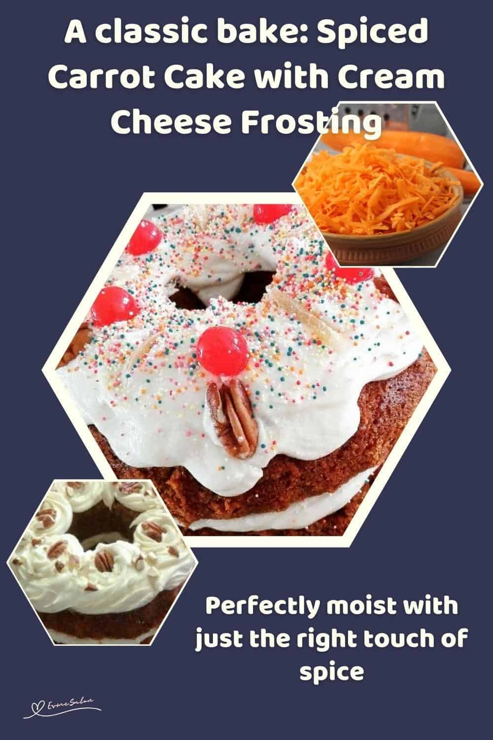 An image of a Bundt Spiced Carrot Cake with Cream Cheese Frosting decorated with nuts and cherries