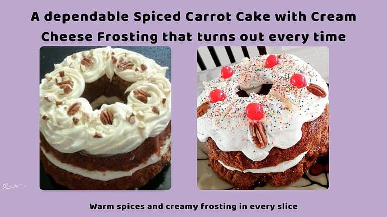 An image of a Bundt Spiced Carrot Cake with Cream Cheese Frosting decorated with nuts and cherries