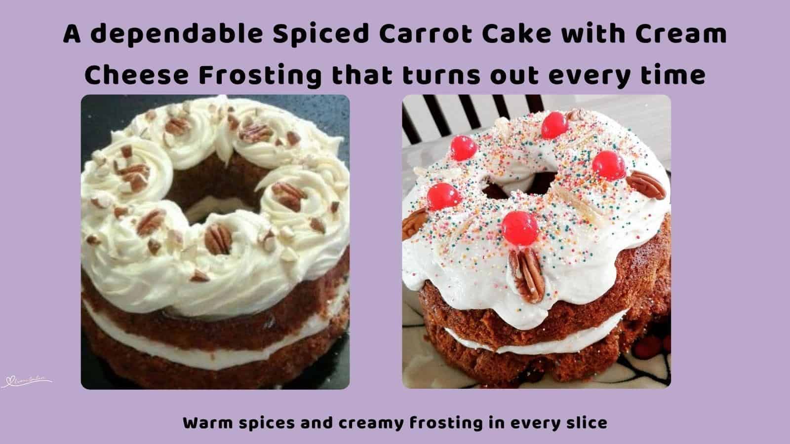 An image of a Bundt Spiced Carrot Cake with Cream Cheese Frosting decorated with nuts and cherries