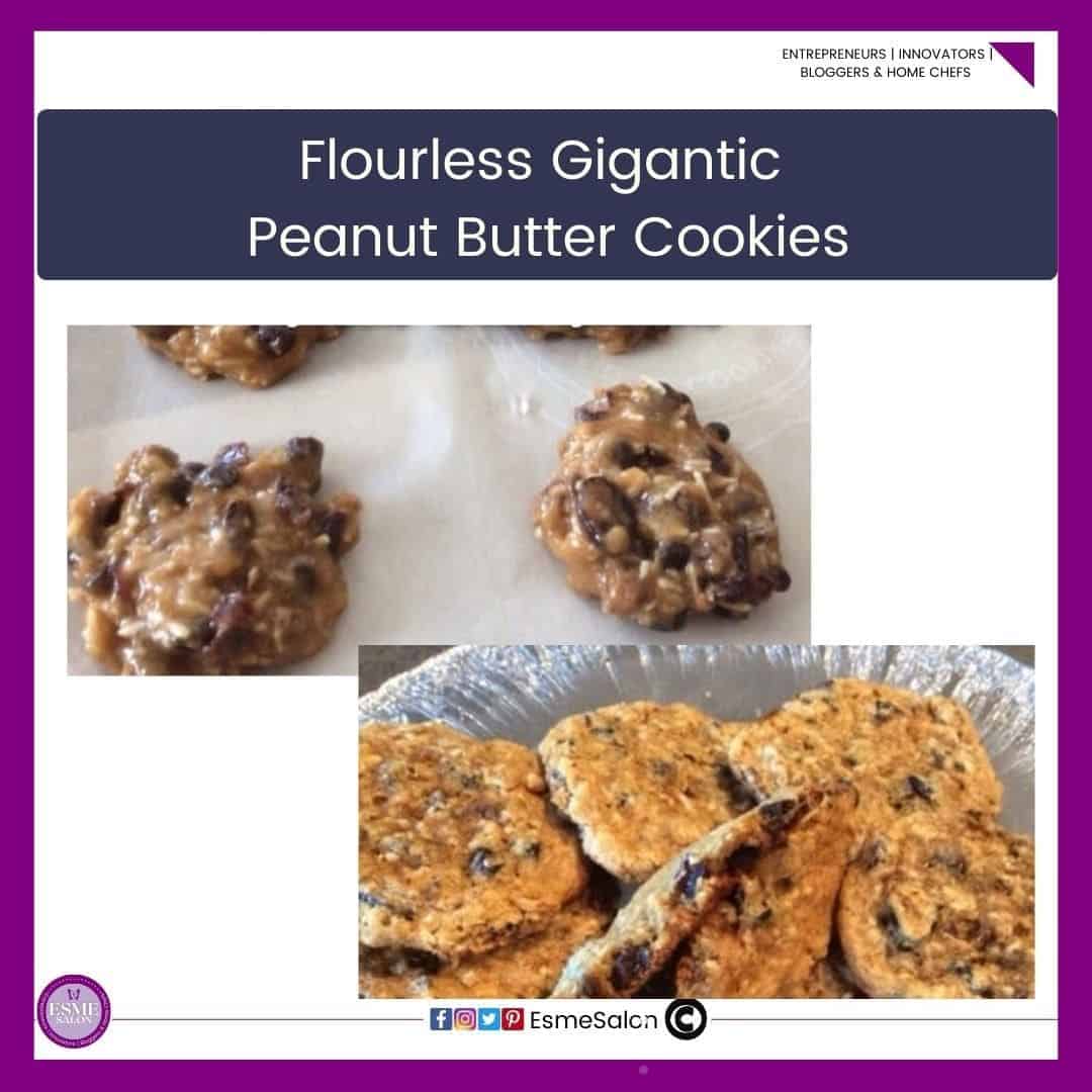 an image of a baking tray with raw and a silver plate with baked Flourless Gigantic Peanut Butter Cookies