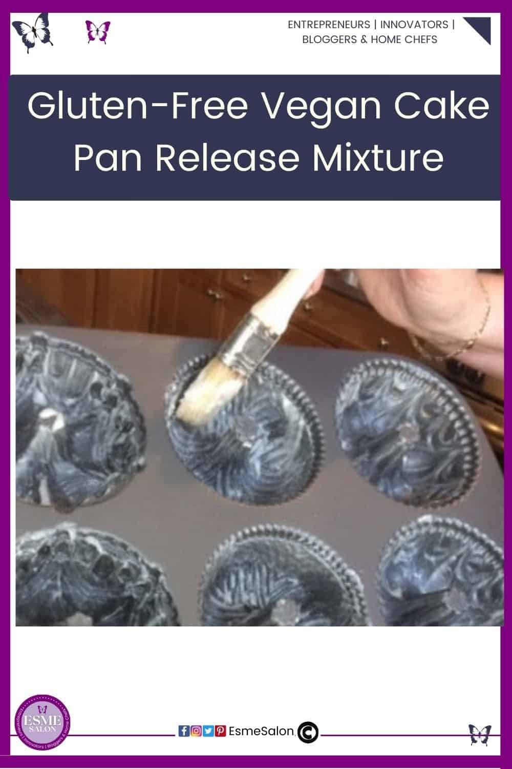 an image of a mini Bundt pan and Gluten-Free Vegan Cake Pan Release Mixture painted with a kitchen brush in the Bundt cavities