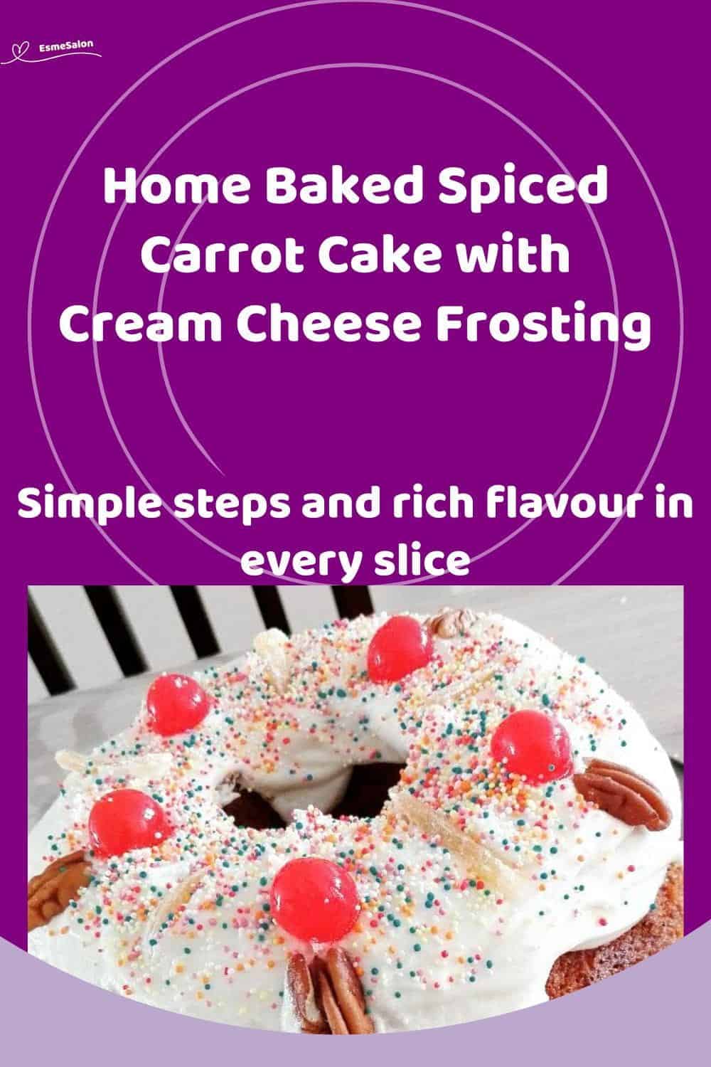 An image of a Bundt Spiced Carrot Cake with Cream Cheese Frosting decorated with nuts and cherries