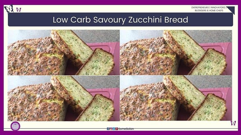 an image of Low Carb Savory Zucchini Bread on a red plastic cutting board and sliced