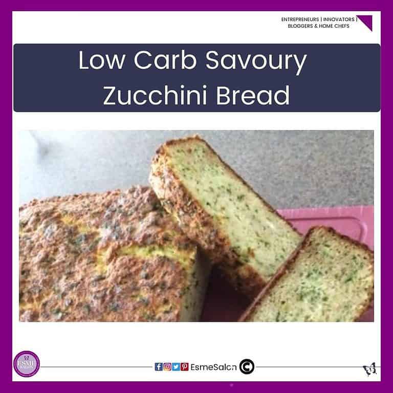 an image of Low Carb Savory Zucchini Bread on a red plastic cutting board and sliced