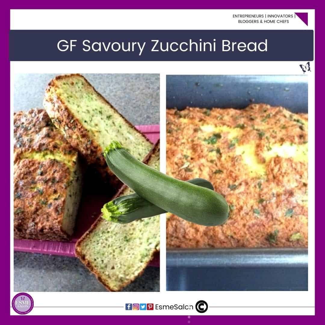 an image of a sliced GF Savoury Zucchini Bread on a red cutting board and baking tin