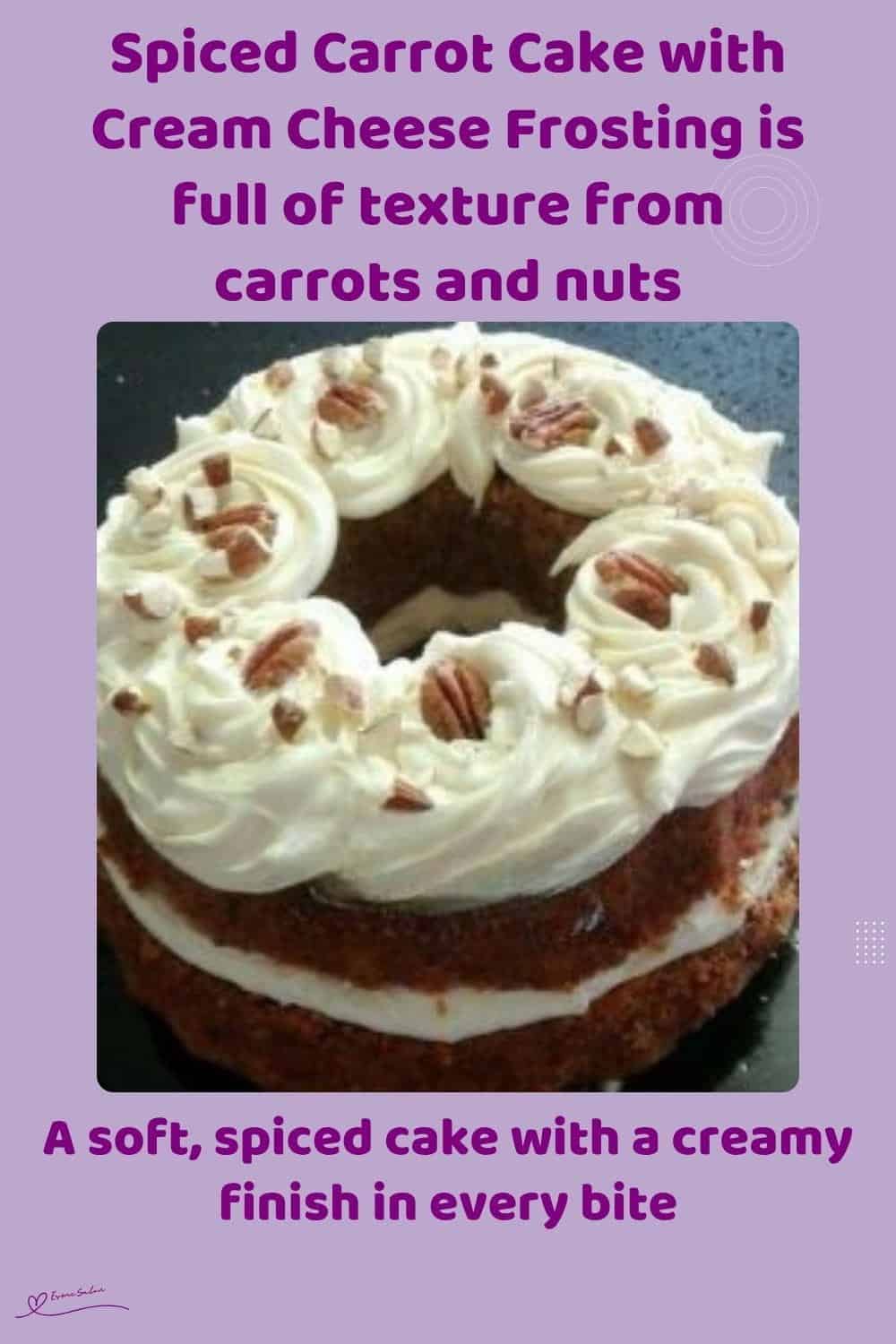 An image of a Bundt Spiced Carrot Cake with Cream Cheese Frosting decorated with nuts and cherries
