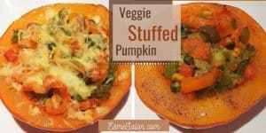 stuffed pumpkin with veggies, peas, carrots and broccoli