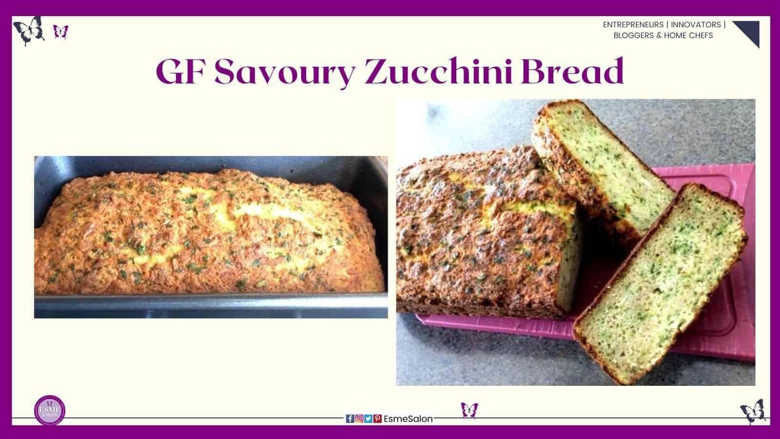 an image of a sliced GF Savoury Zucchini Bread on a red cutting board and in baking tin