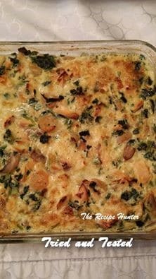 Salmon and Prawn frittata topped with an egg and milk mixture and baked