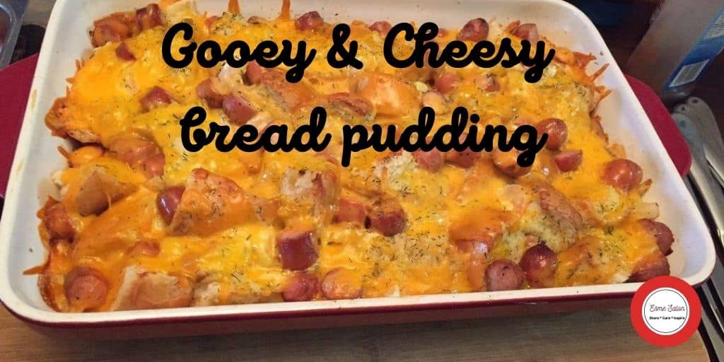 Savory bread pudding with shrimps, smoked cocktail sausages and cheese