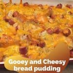 Savory bread pudding with shrimps, smoked cocktail sausages and cheese