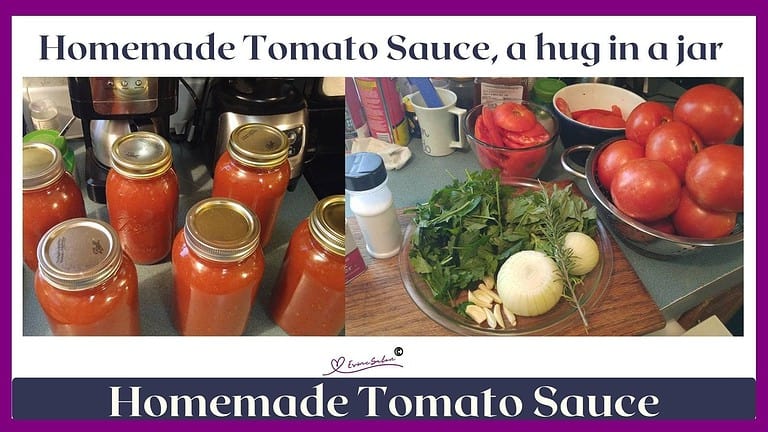 An image of 6 bottled of Homemade Tomato Sauce and ingredients on the side
