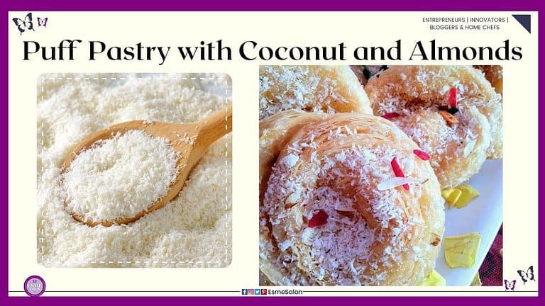 an image of a puff pastry circle which has been fried, dipped in a syrup and covered with coconut and almond pieces