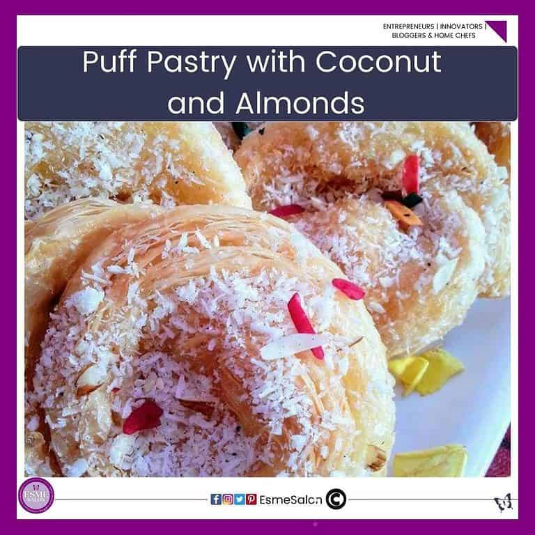 an image of a puff pastry circle which has been fried, dipped in a syrup and covered with coconut and almond pieces
