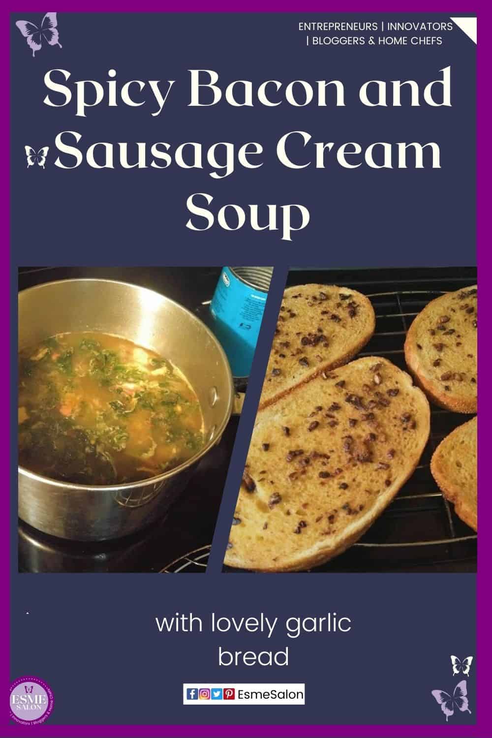 an image of a pot of Spicy Bacon and Sausage Cream Soup with garlic bread