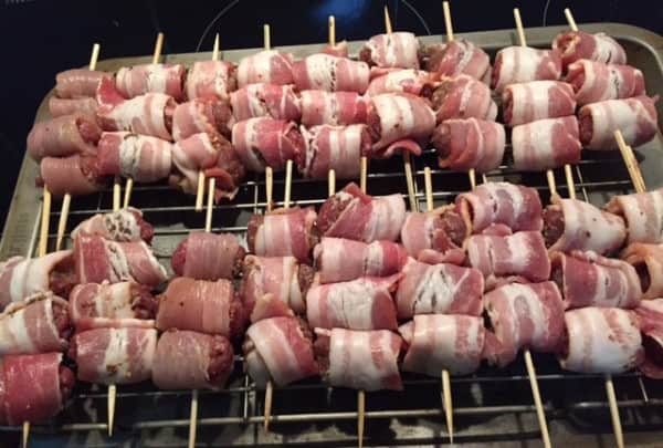 an image of Meatball Kebabs wrapped in bacon