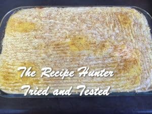 Easy Chicken Casserole with Baked beans in tomato sauce and topped with mashed potatoes