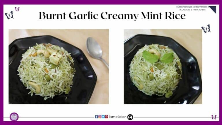 an image of a plated Burnt Garlic Creamy Mint Rice on a black plate