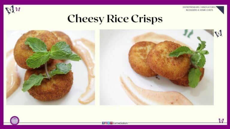 an image of three Cheesy Rice Crisps with a sprig of mint on a white plate