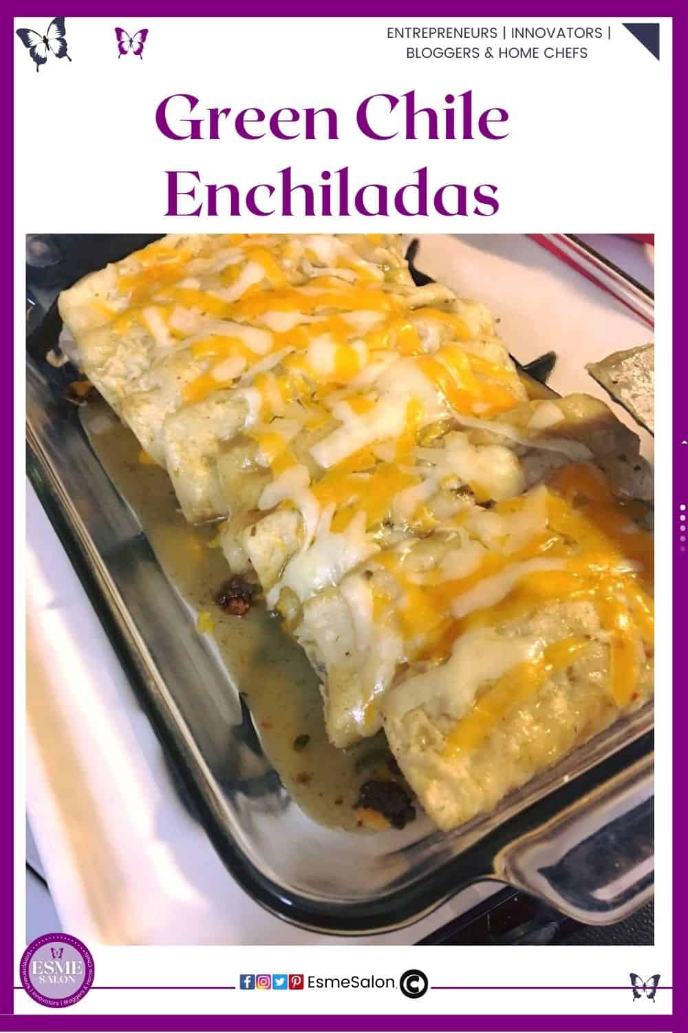 an image of Green Chile Enchiladas in a metal dish with lots of extra cheese