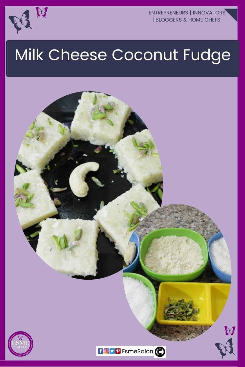 an image of white Milk Cheese Coconut Fudge cubes decorated with chopped pistachios
