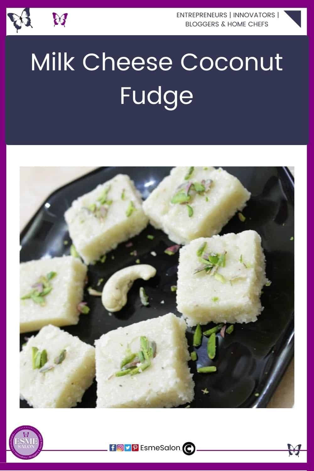 an image of white Milk Cheese Coconut Fudge cubes decorated with chopped pistachios