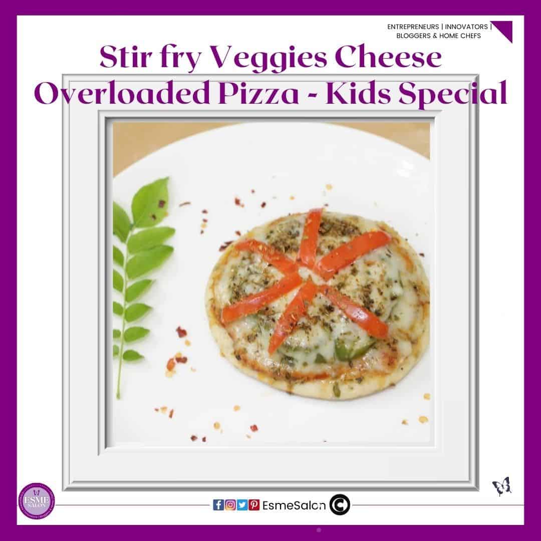 an image of a Stir fry Veggies Cheese Overloaded Pizza for kids on a floral plate with lots of grated cheese and red pepper slices