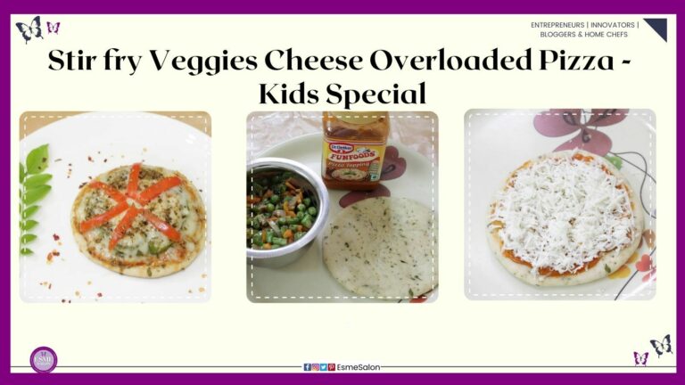 an image of a Stir fry Veggies Cheese Overloaded Pizza for kids on a floral plate with lots of grated cheese and red pepper slices
