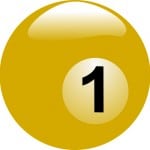 An yellow billard ball with the number 1 in lack