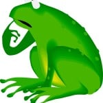 Green frog sitting and pointing with one finger to his face ' thinking'