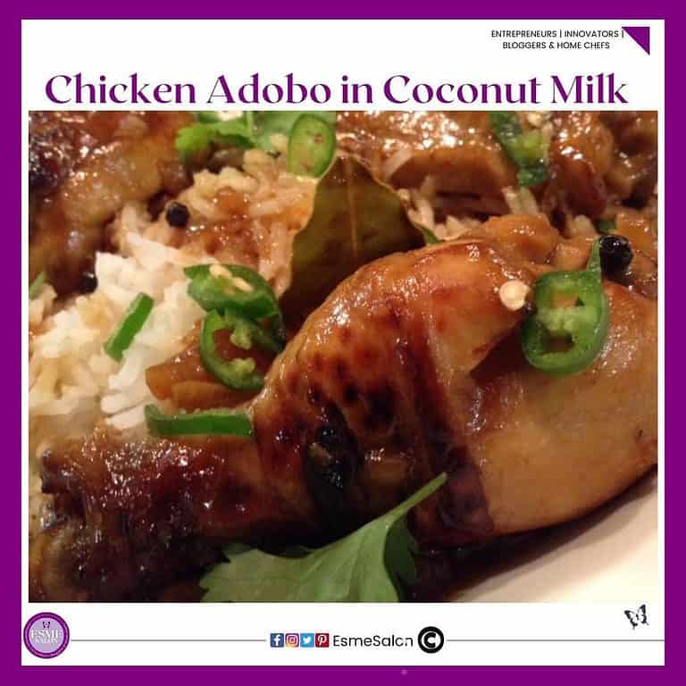 an image of a plate filled with Chicken Adobo in Coconut Milk on white rice with green chili