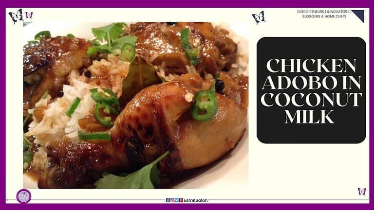 an image of a plate filled with Chicken Adobo in Coconut Milk on white rice with green chili