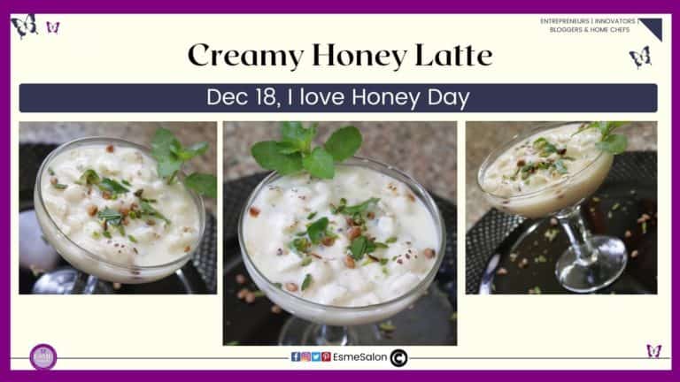 an image of a glass bowl filled with creamy honey latter and topped with pistachios and some mint