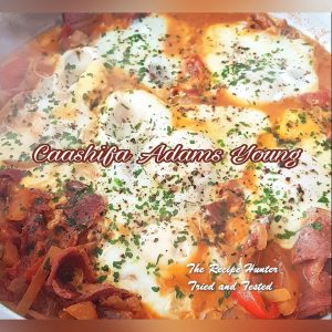 Meaty Shakshuka, braised vegetables topped with eggs