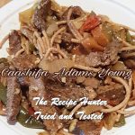 Juicy Steak Stir Fry, crunchy veggies and soy sauce with spaghetti