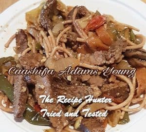 Juicy Steak Stir Fry, crunchy veggies and soy sauce with spaghetti